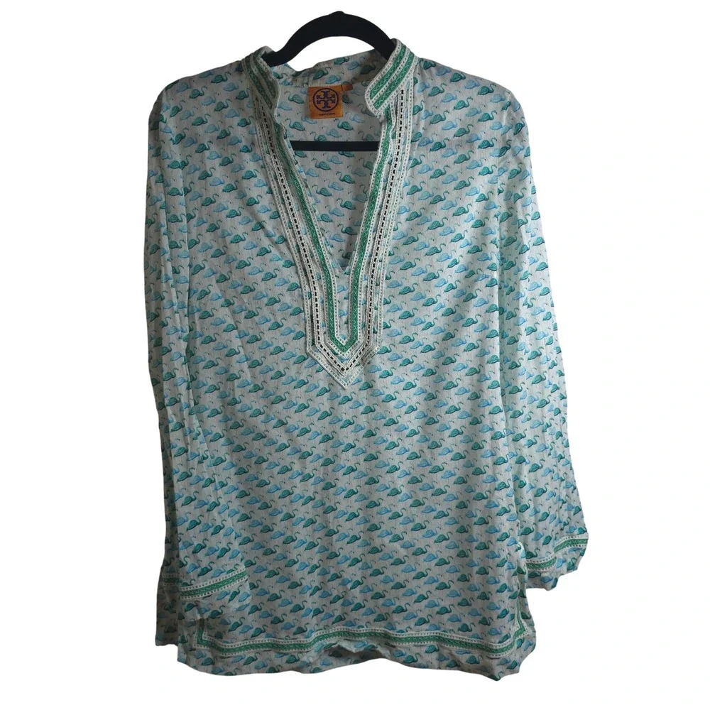 Tory Burch Flamingo Print Cotton Tunic Top Size 6 Boho Coastal Resort Resortwear
